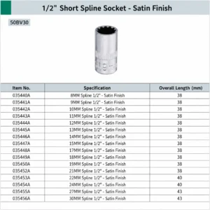 1 2 inch short spline socket satin finish 12 point socket